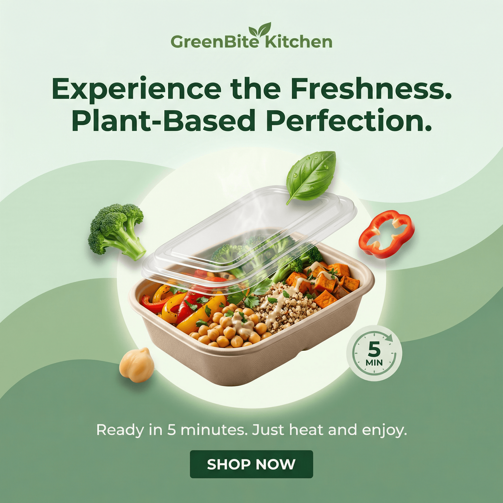 GreenBite Kitchen plant-based meal ad with fresh ingredients and quick prep visuals.