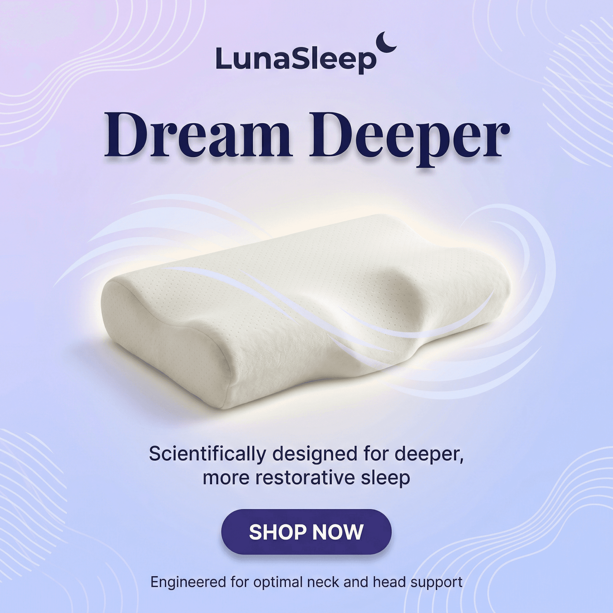 LunaSleep premium memory foam pillow ad with dreamy sleep-themed visuals.