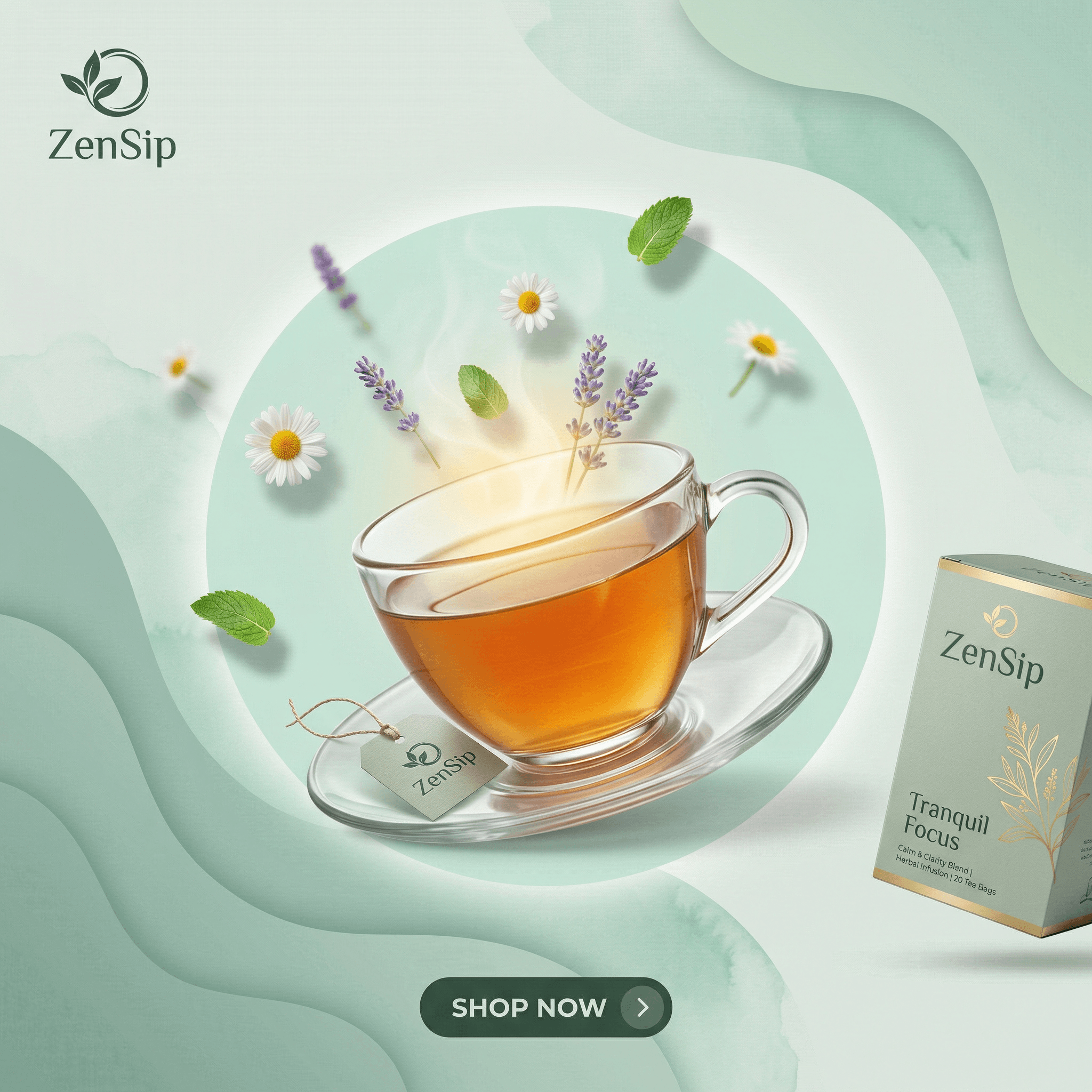 ZenSip Tea ad showing serene tea setting with organic herbal ingredients.